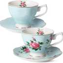 BTaT- Floral Tea Cups and Saucers, Set of 4, 8 oz, Fine Porcelain Teacup Set with Gold Trim for Afternoon Tea, Weddings, Parties & Gifting, Dishwasher Safe, Lightweight, Non-Toxic, Mothers Day Gift