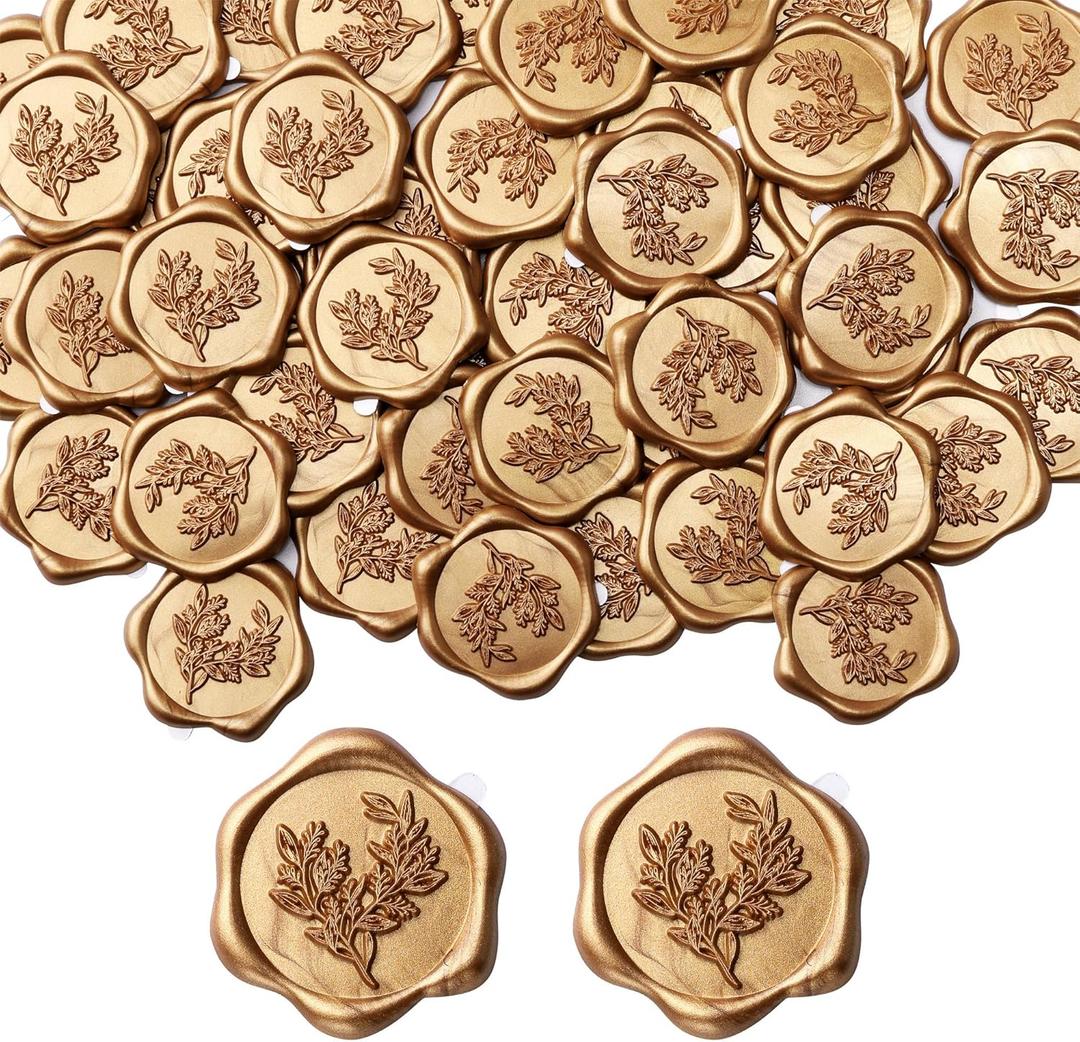 Yoption Eucalyptus Wax Seal Stickers, 50 Pack Antique Gold Self Adhesive Envelope Seal Stickers for Wedding Party Birthday Christmas