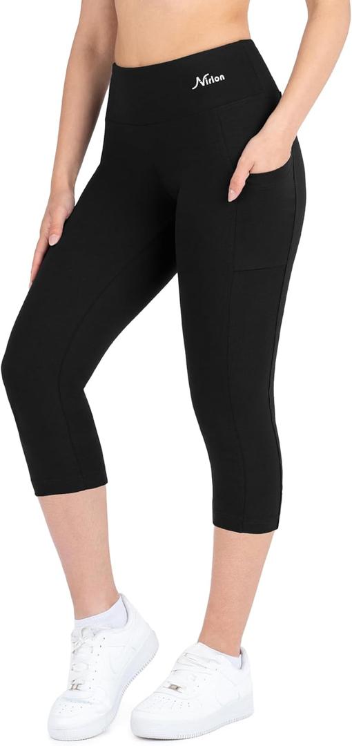 Nirlon Capri Leggings with Pockets - Capri Leggings with Pockets for Women Breathable High Waisted Capri Leggings for Women (X-Large, Black)