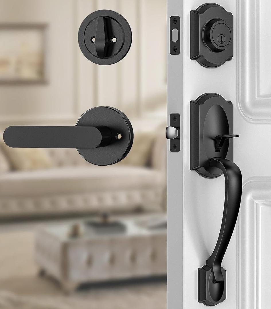 Front Door Lock Set, Black Front Door Handle and Deadbolt Set, Vintage Exterior Door Lock Set, Front Door Handle with Single Cylinder, Reversible for Right & Left, Matte Black