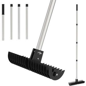 Lawn Thatch Rake, 15-Inch Steel Dethatching Tool, Adjustable 0-15 Angle and 38-68 Inch Length, Heavy-Duty Yard Rake for Dead Grass Removal and Lawn Care (Black, No Wheels)