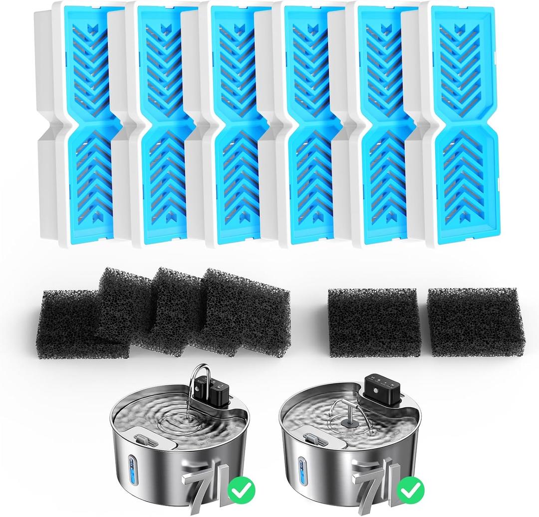 Voluas Dog Fountain Replacement Filters & Sponges, for 1.8gal/236oz/7L Wireless Stainless Steel Pet Water Fountain (6 Filters & 6 Sponges)