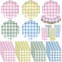 72 Pcs Gingham Party Supplies 9 Inch Easter Party Colorful Dessert Paper Plates and Napkins Disposable Scalloped Picnic Plaid Plates Napkins Cup Checkered Dinnerware Set for Easter Baby Shower Wedding