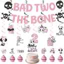 Bad 2 the Bone Party Decorations Girl, Cute Gothic 2nd Birthday Party Supplies with Banners Cake Topper Cupcake Toppers Hanging Swirls, 2 Year Old Girl Birthday Decor