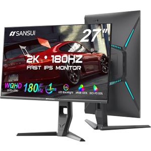 SANSUI 27 inch WQHD 180Hz Gaming Monitor 1440P-AMD FreeSync 1ms DCI-P3 93% Fast IPS Computer Monitor,Height Adjustable Vertical/Horizontal Rotating, 2DisplayPort/HDMI HDRLow Motion Blur Speakers (27 inch 180Hz/WQHD/Speakers)