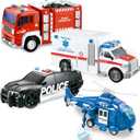 JOYIN 4 Packs Emergency Vehicle Toy Playsets, Friction Powered Vehicles with Light and Sound, Including Fire Truck, Ambulance, Play Police Car and Helicopter, Christmas Toddler Kids Boys Gifts