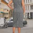 Women's Plus Size Houndstootn Print Midi Dress Mock Neck Sleeveless Pencil Dresses (Black, XL)