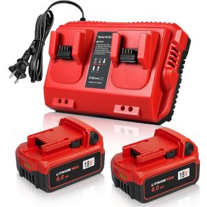 Upgraded 18V 6.0Ah Batteries Replacement for Milwaukee M-18 Battery 2Pack and 1 Charger Set(2-Port) (Red)