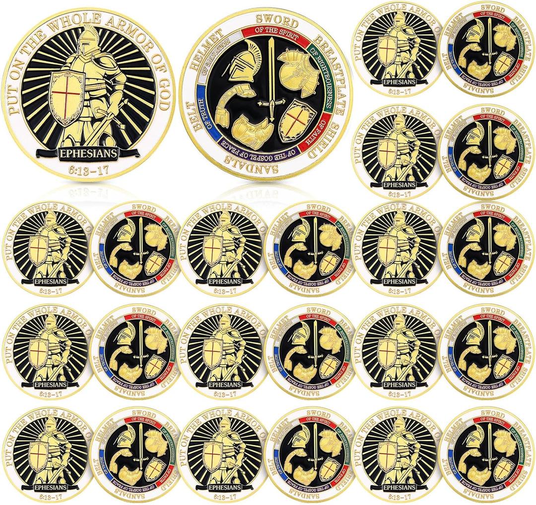Nosiny 20 Pcs Armor of God Coins Metal Christian Challenge Coins for Religious Prayer Collector Christian Church School Party Commemorative Gifts (Distinct Style)