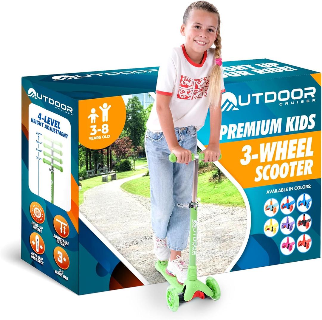 Outdoor Cruiser 3-Wheel Kids Scooter  With Lean-To-Steer technology, Wide Deck, LED Lighted Wheel, 4-Level Adjustable Height T-Bar Handle, Support Kids Up To 150 lbs, For Boys & Girls Ages 3-8, Green
