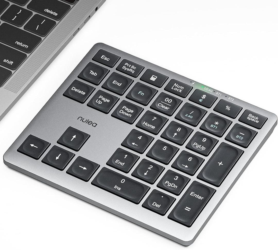 Nulea Wireless Number Pad Bluetooth 5.0 & 2.4G Portable Numeric Keyboard, USB-C Rechargeable, 34-Keys Bluetooth Keyboard for Data Entry, Compatible for Laptop, Mac, iMac, Tablet, PC Desktop