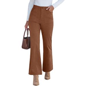 GRAPENT Corduroy Pants for Women Flare High Waisted Fall Winter Elastic Waist Stretchy Work Casual Trendy Wide Leg Pants (Medium, Pecan Brown)