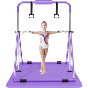 Safly Fun Foldable Gymnastics Bar for Kids, Adjustable 35"-51", Sturdy 145 lbs Capacity, Easy-to-Assemble, Gymnastics Equipment for Kids for Indoor/Outdoor Training (Purple with Mat)
