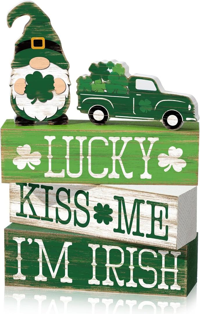 5 Pcs St Patricks Day Table Decoration Wooden Stacked Block Decor Rustic Irish Tiered Tray Sign with Gnome & Truck, "lucky Kiss Me I'm Irish" Table Centerpiece for Home Kitchen Shelf Mantel