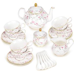 fanquare 21-Piece Gold Vine Floral Porcelain Tea Sets with Sugar Bowl Creamer Teacups, English Bone China Tea Service for Women TeaParty Family Gathering Home Dcor