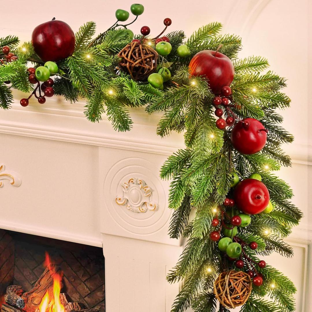 2 Pcs Christmas Decorations, 11.8 FT Norfolk Pine Garland with Faux Fruits Berries, Cedar Pine Garland for Mantle Indoor Outdoor Table Door Decor