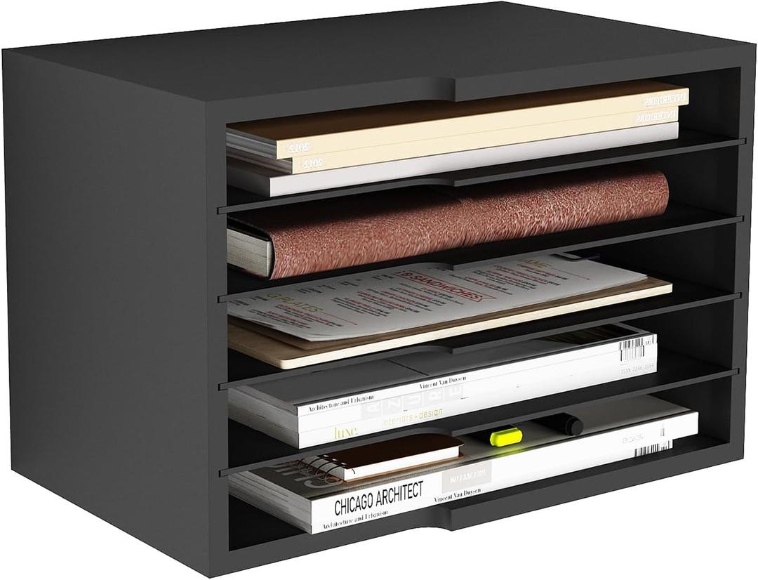 Desktop File Sorter with 4 Adjustable Shelves for Home and Office, Paper Letter Tray Organizer Wall Mount, Black (Black)