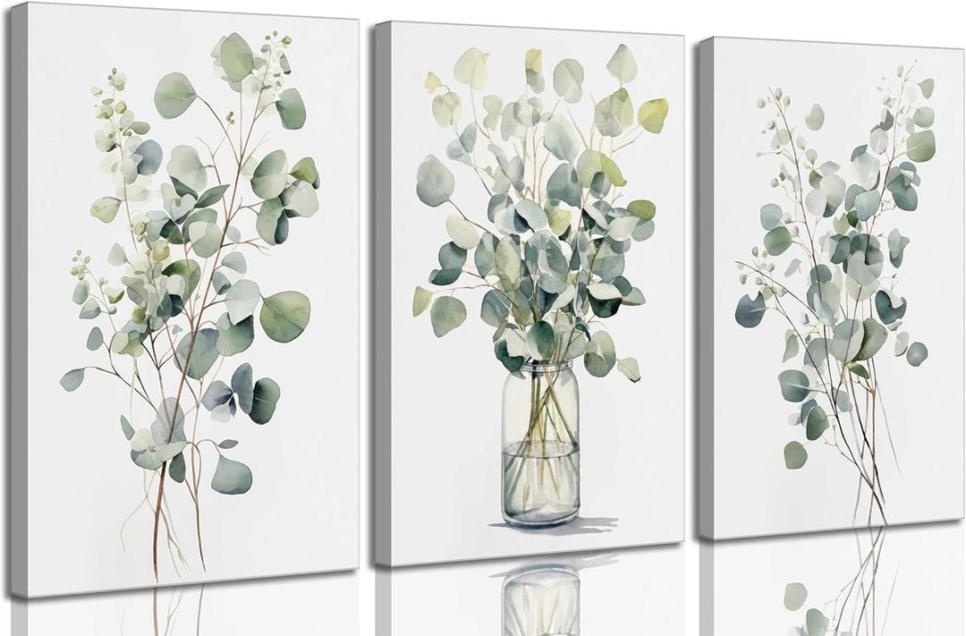 3Pcs Botanical Canvas Wall Art Sage Green Eucalyptus Leaves Painting Picture Wall Decor Plant Watercolor Poster Print Artwork for Living Room Bedroom Bathroom Home Decoration