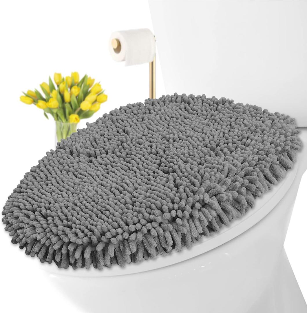LuxUrux Soft Chenille Bathroom Toilet Lid Cover, Machine Washable Seat Covers, 18.5 x 18.5'', Stays in Place Rubber Backing, Fits Most Round, Elongated and Oblong Lids, Accessories Decor, Gray (Light Grey)