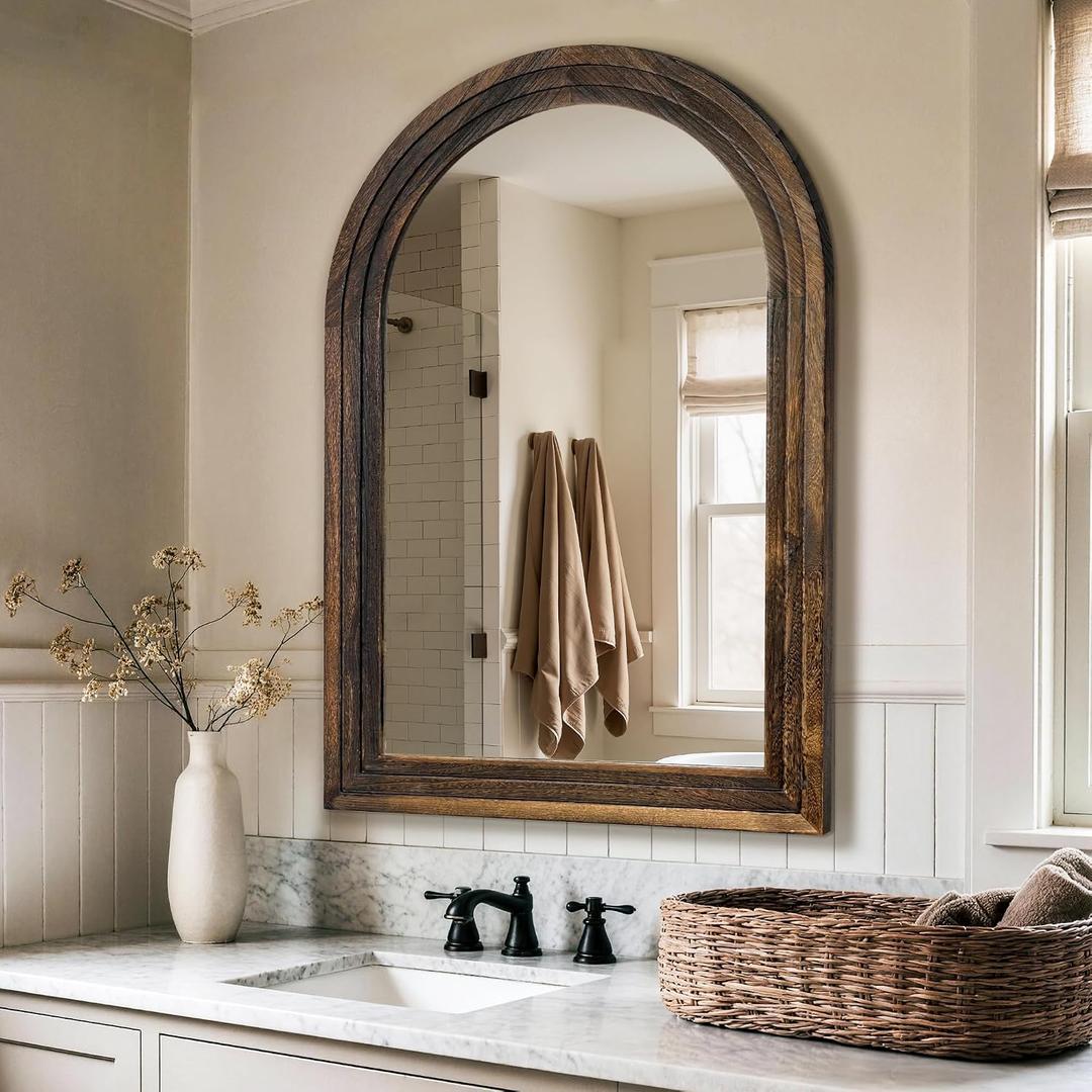 TRAHOME Arched Bathroom Mirror, 38"x26" Brown Wood Frame Wall Mirror, Farmhouse Vintage Vanity Mirror with Layered Frame for Entryway, Living Room, Bedroom