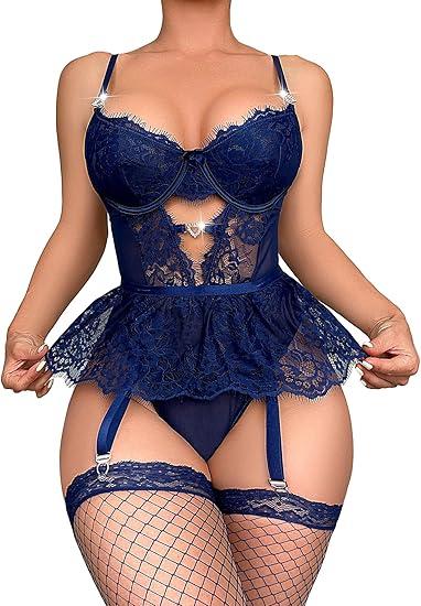 Women Lingerie Set Naughty Lace Bodysuit High Waisted Underwire Lingerie Babydoll With Garter Belt and Stockings, XL