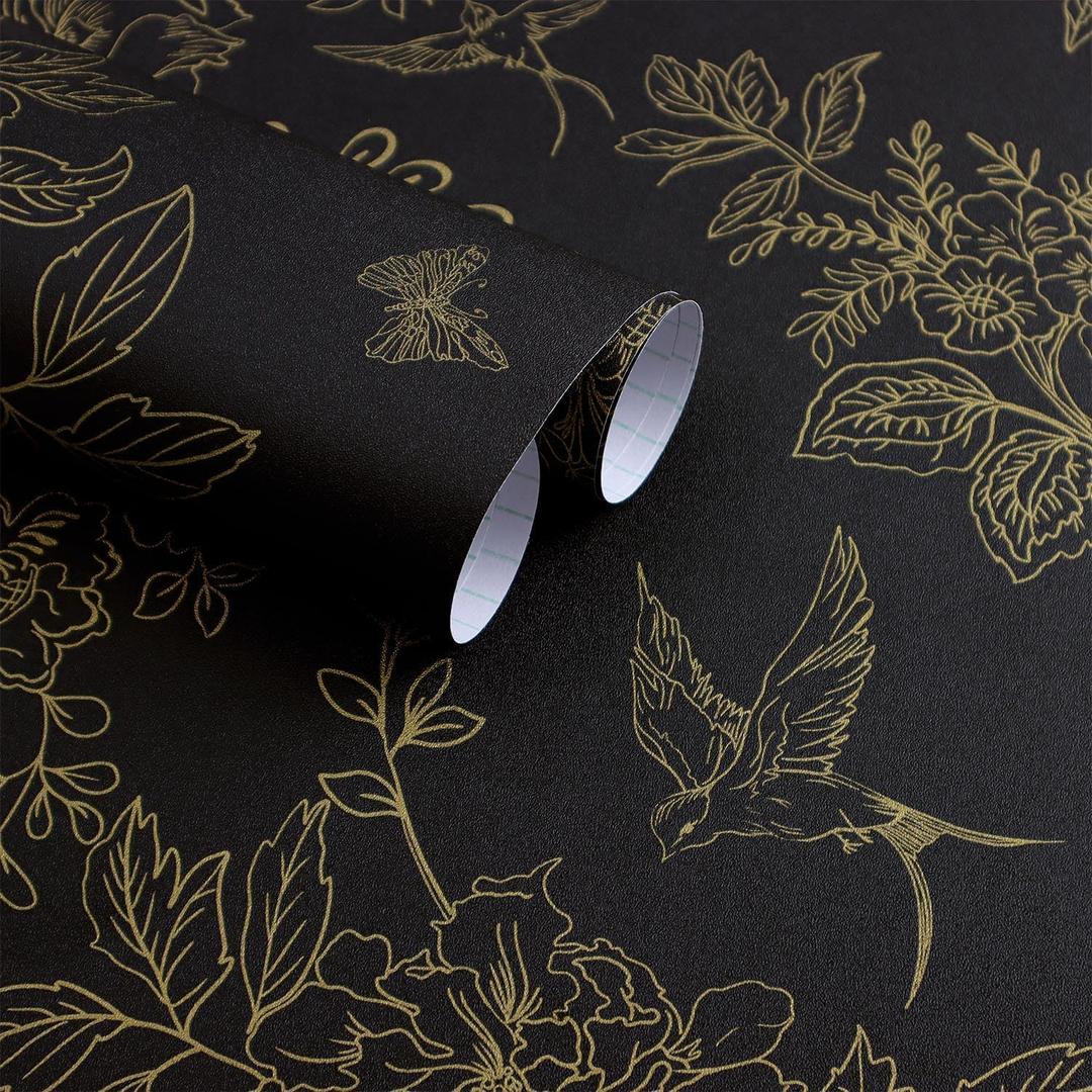 Froluya Black and Gold Wallpaper Peel and Stick Wallpaper 17.7"x590.5" Vintage Floral Boho Peel and Stick Wall Paper Dark Removable Self Adhesive Contact Paper for Bedroom Cabinets Shelf Liner Vinyl