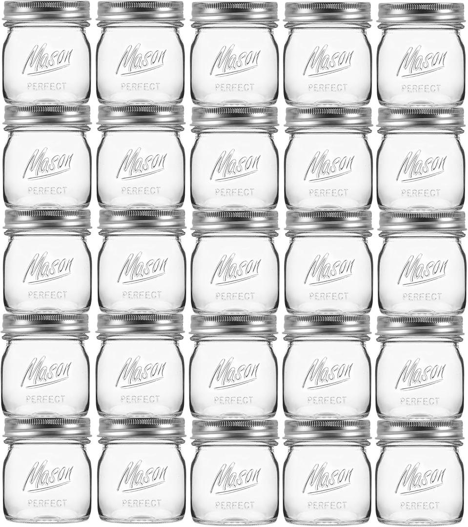 24 Pack 8 oz Mason Jars with Regular Lids - Mini Glass Clear Mason Jars, Small Half Pint Canning Jars with Airtight Lids for Jam, Honey, Baby Foods, Overnight Oats, Party Favors