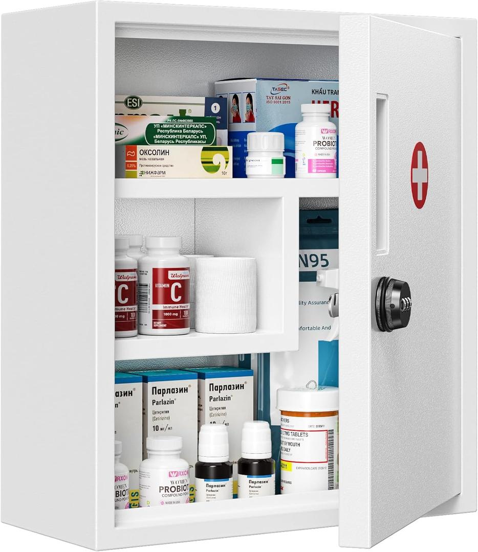 Locking Medicine Cabinet, Empty Metal Medicine Storage Box Wall Mount with All-Metal Digit Lock Keyless, Bathroom Cabinet Organizer Over The Toilet, First Aid Box for Home School Business