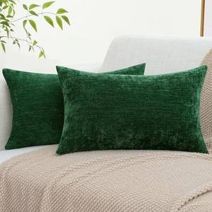 decorUhome Chenille Green Throw Pillow Covers 12x20 Inch Set of 2, Decorative Soft Couch Pillow Covers Solid Dyed Accent Farmhouse Neutral Rectangle Pillow Cases for Sofa Bed Living Room (Green)