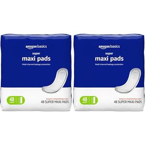 Amazon Basics Maxi Pads for Periods- Thick, Super Absorbency, Unscented, 96 Count, (4 Packs of 48)