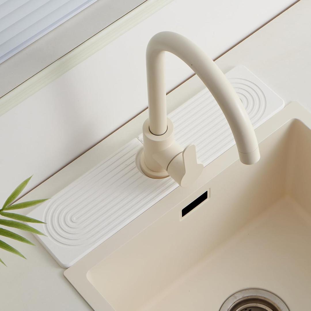 Stone Faucet Mat for Kitchen SinkSuper Absorbent Diatomite Fast Drying Stone and Bathroom Stone Tray for Counter Quick Drying Splash Guard,Prevents Moisture Buildup Sink(White,15.8" x 3.9")