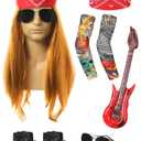 80s Rocker Costume Wig Men Hippie Wig with Bandana Sunglasses Sleeves for 80s Punk Party Accessories (Auburn)