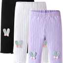 3 Pack Baby Girl Pants: Soft Solid Ribbed Pants Ruffle Hem Pull On Leggings for Infant 0-3 Months (White/Black/Purple)