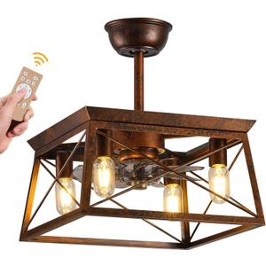 Farmhouse Ceiling Fans with Lights Remote Control Rustic Ceiling fans with Lights Caged Fandelier Flush Mount Ceiling Fan with Light Indoor Outdoor for Gazabo Bedroom Dining Room Living Room
