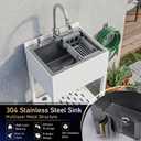 20" Freestanding Stainless Steel Utility Sink, Heavy-Duty Commercial Kitchen Outdoor Sink with Retractable Cold and Hot Water Faucet, Single Bowl Shop Sink for Workshop, Garage, Laundry Room, 20.3"L x 16"W x 40.3"H