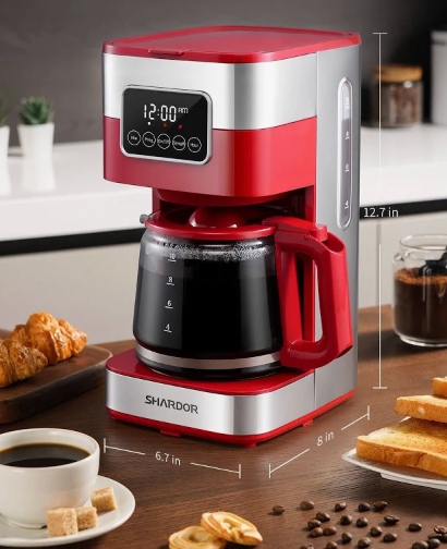 SHARDOR 10Cup Programmable Coffee Maker, Regular & Strong Brew Drip Coffee Machine for Home and Office, Auto Shut Off, Permanent Filter (red)
