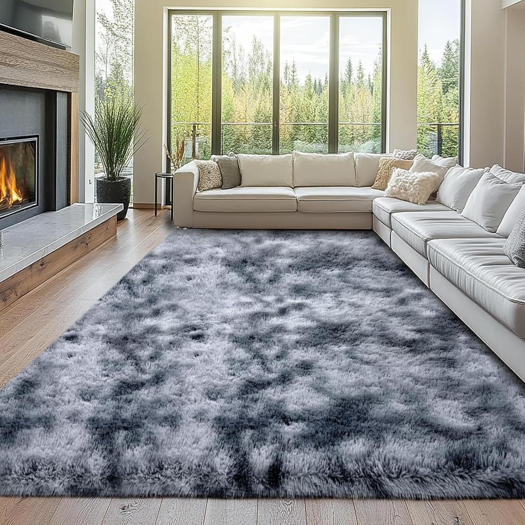 Shag Area Rug Grey: Large Modern Shaggy Rugs for Living Room - Fluffy Indoor Floor Carpets, Tie-Dyed Dark Grey, 9x12 Feet
