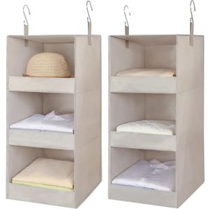 3-Shelf Hanging Closet Organizer 2 Pack, Thickened Fabric Hanging Shelves, Closet Organization, Hanging Organizer for Kids, Hat, Bag, RV, Nursery, Sweater, 12.2" Wx 12.2" Dx31 H, Beige