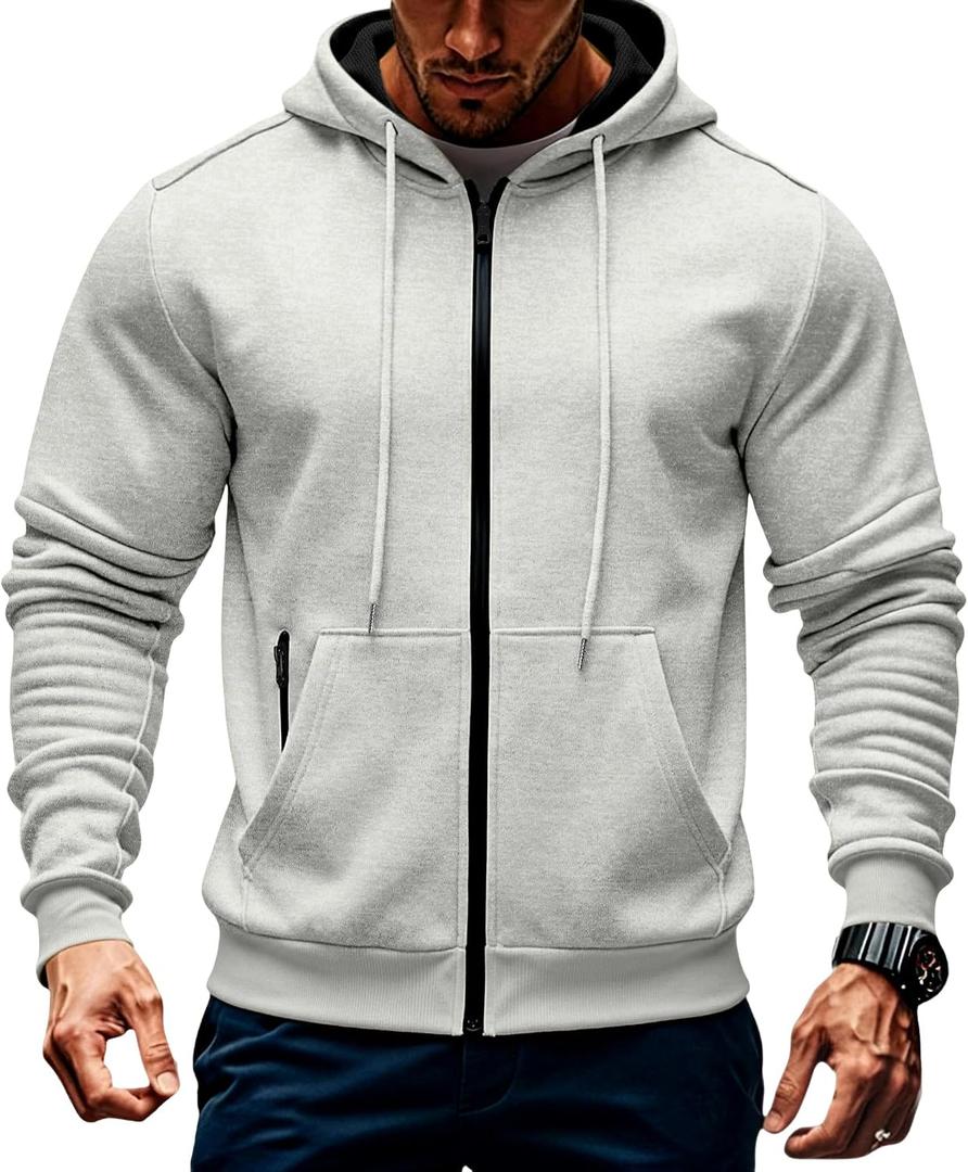Mens Fleece Hooded Sweatshirt Winter Full Zip Jackets Long Sleeve Outerwear with Multi Pockets (XXL)