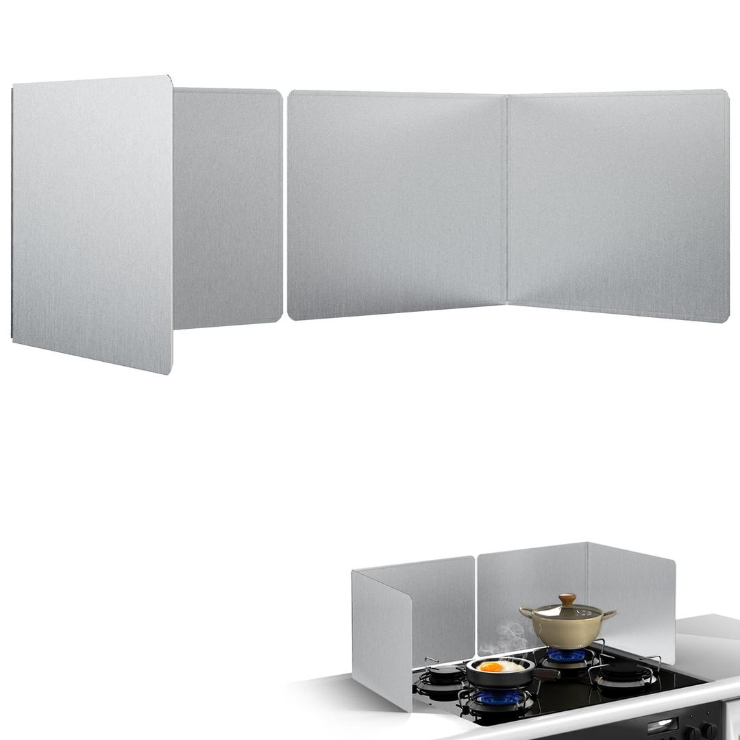 20"x20" 2 Pack Foldable Stainless Steel Stove Splash Guard, Heat Resistant Oil Splash Backsplash Panel with Edge Guard, Kitchen Countertop Stove Heat Insulation Splash Protector