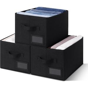 GRANNY SAYS Shelf Storage Bins, Fabric Storage Baskets for Closet and Clothes, Collapsible Storage Boxes with Handles, Decorative Storage Containers for Bedroom, Black, Large, 3-Pack (Medium)