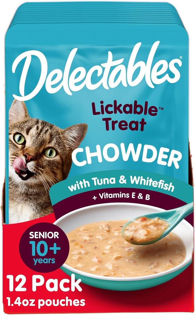 Delectables Lickable Treat Chowder Senior 10+ Wet Cat Treat with Real Tuna & Whitefish, Food Topper, Hydrating, Grain-Free, No Fillers, By-Products, Added Preservatives, 1.4oz Pouch, 12ct, BBD: SEP 18/2027