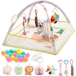 30 x 30 x 21 Inch Puppy Play Gym with 9 Hanging Toys & 18 Ocean Balls Interactive Activity Mat for Dogs & Cats, Includes Squeaky Plush & Chew Toys Portable Snuffle Mat for Pets up to 25 Lbs