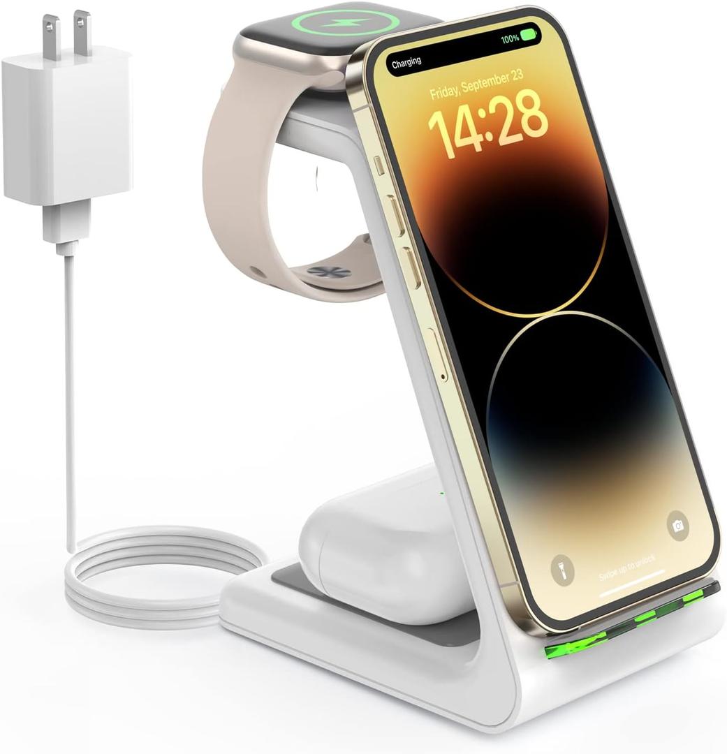 Wireless Charging Station for Apple - 3 in 1 Wireless Charger Stand Dock Watch and Phone Charger Station for Apple Watch 11/8/7/SE/6/5/4/3/2, iPhone 17 Air 16-12 Pro Max SE XS X, Samsung, AirPods (White)