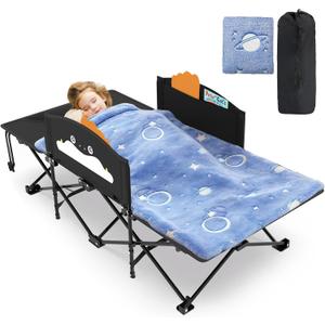 Slendor Toddle Cot, Toddler Portable Bed w/Cartoon Handrail, Blanket (5ft x 4ft), Folding Toddler Cots for Camping, Travel Bed, Extra Long Cot Length 56", Support 330 Lbs, Black