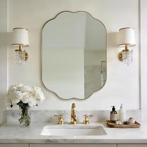 ANDY STAR Scalloped Bathroom Mirror, 24x32 Inch Brushed Gold Vanity Mirror in Stainless Steel Metal Frame, Unique Oval Mirror with Modern Curved Edge Design, Ideal for Bathroom, Bedroom, Entryway