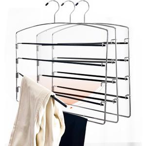 Larger Size Pants Hangers 3-Pieces, 4 Tiers Extended Swing Arm Non-Slip Space Saving Clothes Hangers, Dorm Room Essentials Hanging Closet Organizer Rack for Jeans Trousers Casual Clothes