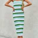 Saodimallsu Womens Striped Bodycon Midi Dress Sleeveless Square Neck Color Block Knit Summer Tank Dresses