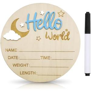Baby Announcement Sign, 5.9 Inch Wooden Hello World Newborn Signs, Birth Announcement Sign and Pen, Moon and White Cloud Decoration, Welcome Newborn Arrival to World, Hospital Nursery for baby (Blue)