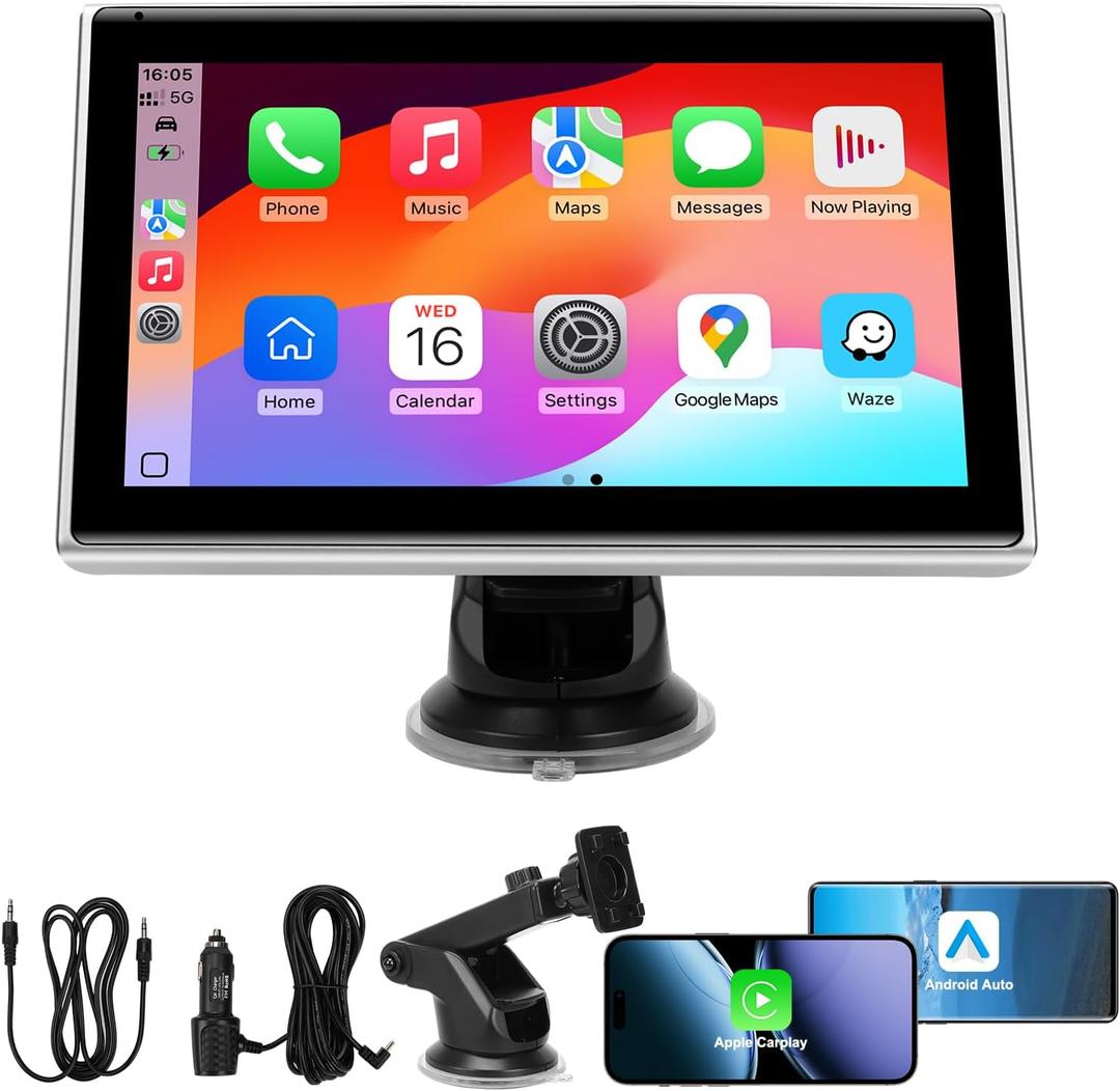 7" Portable Wireless CarPlay Screen for Car Apple CarPlay & Android Auto, HD Touch Screen Car Stereo, Bluetooth, GPS Navigation, Voice Control, Plug-and-Play with FM/AUX/Mirror Link (Silver)